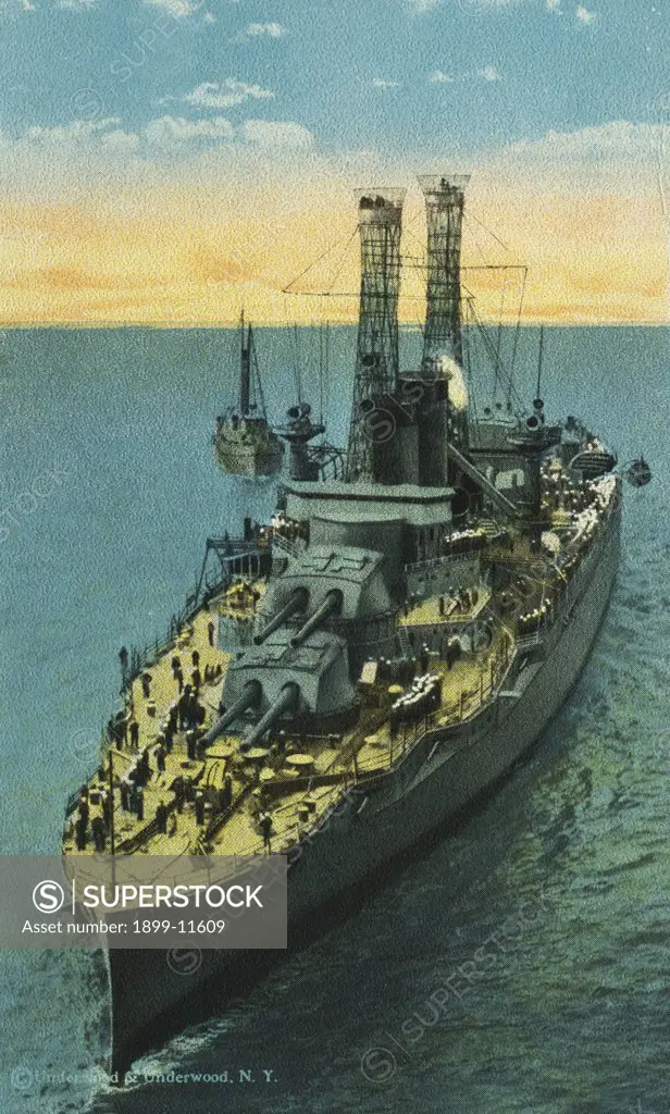 Postcard of the Battleship U.S.S. Texas. The U. S. Battleship 'Texas' is 565 feet long, 95 feet 2 1/2 inches wide with a draft of 28 ft. 6 inches. The Armament consists of ten fourteen inch, 21 five inch, an 4 smaller guns under four inches. Complement consists of 63 officers, and 1,009 men, speed is 21.00 knots displacments, 27,000 tons, engines are 28,100 horsepower. 