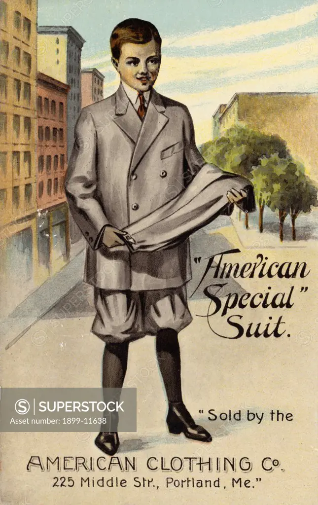Postcard Advertising the American Special Suit. ca. 1900-1930, 'American Special'  Suit. 'Sold by the American Clothing Co. 225 Middle Str., Portland, Me.' 
