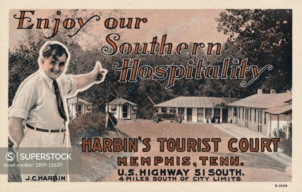 Postcard of Harbin's Tourist Court. ca. 1933, Enjoy our Southern Hospitality Harbis's Tourist Court Memphis, Tenn. U.S. Highway 51 South. 4 miles south of city limits J.C. Harbin 