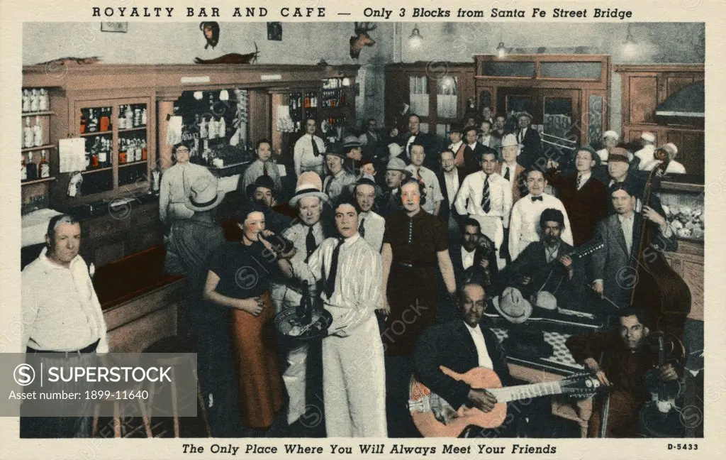 Postcard of the Royalty Bar and Cafe. ca. 1938, Royalty Bar and Cafe - Only 3 blocks from Santa Fe Street Bridge The only place where you always meet your friends Royality Bar and Cafe Pedro Gutierrez Bonet, Prop. Ave. Juarez No. 443 - Tel. 21 Ciudad Juarez, Chih., Mexico. 