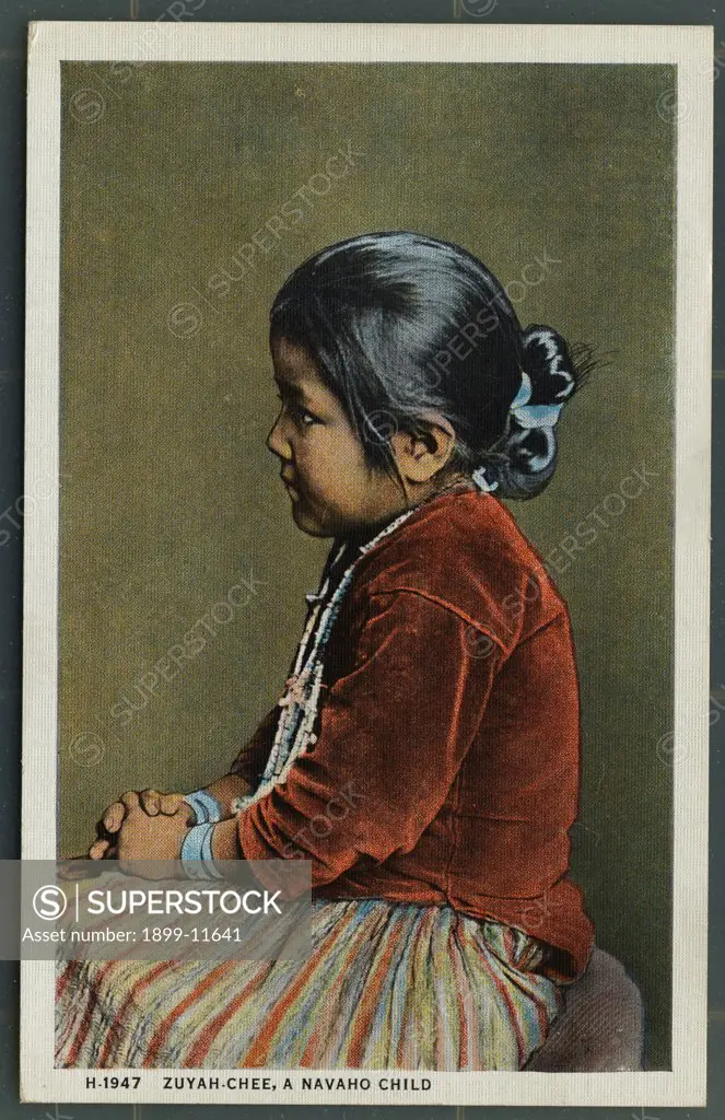 Postcard of Zuyah-Chee, A Navaho Child. ca. 1923, Zuyah-Chee, A Navaho Child The Navaho child is seldom punished for the simple reason that he seldom requires it. There appears to be a bond of sympathy and love between parent and child which is very strong during the minority of the child: but strange to say, the children do not always love and protect their parents when the latter become old and infirm. H-1947 