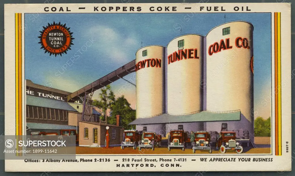 Postcard of Newton Tunnel Coal Company Silo. ca. 1932, Coal - Koppers Coke - Fuel Oil Quality & Service Since 1873 Newton Tunnel Coal Co. Offices:3 Albany Avenue, Phone 2-2136 - 218 Pearl Street, Phone 7-4131 - We Appreciate Your Business Hatford, Conn. 
