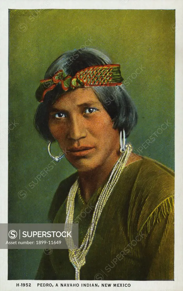 Postcard of Pedro, a Navaho Indian. ca. 1924, Pedro, A Navaho Indian, New Mexico. The Navaho Reservation in northern Arizona is one of the largest in the United States and contains about 16,000 Indians. The territory covered by this reservation is extremely diversified in character. In the country along and to the north of the Little Colorado river are broad valleys and rolling prairies, with mesas and buttes rising up here and there, while east and north it is very broken, with high table-lands