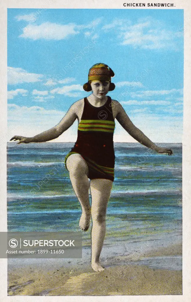 Postcard of Woman Standing on Beach. ca. 1923, Chicken sandwich 