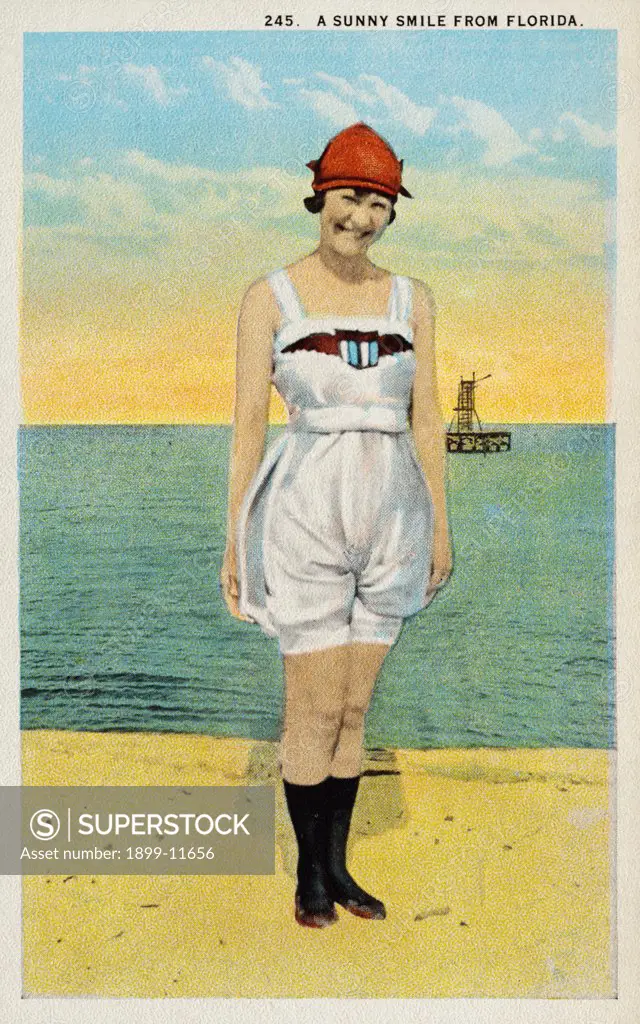 Postcard of Smiling Woman on Beach in Florida. ca. 1924, A Sunny Smile from Florida 