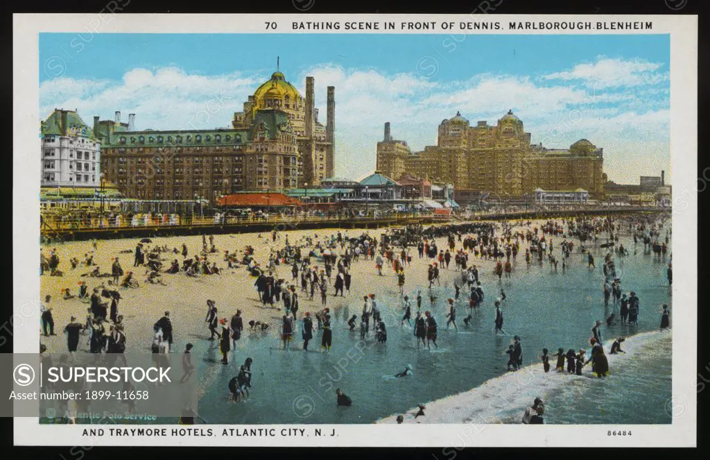 Postcard of People on the Beach in Atlantic City. ca. 1921, Bathing scene in front of Dennis, Marlborough-Blenheim and Traymore Hotels, Atlantic City, N.J. 70 