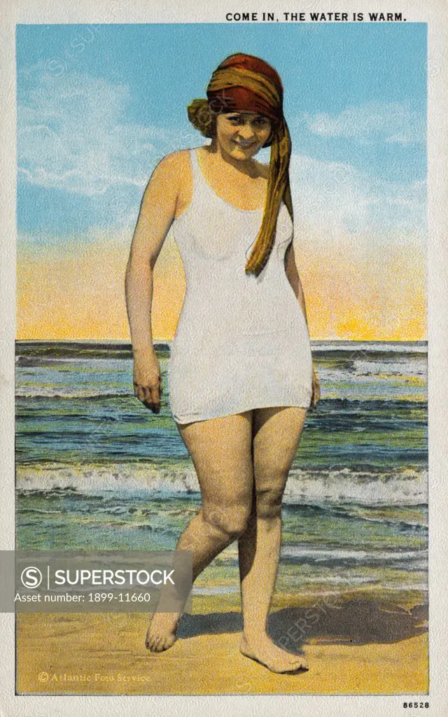 Postcard of Woman on Beach in White Bathing Suit. ca. 1921, Postcard of Woman on Beach in White Bathing Suit 