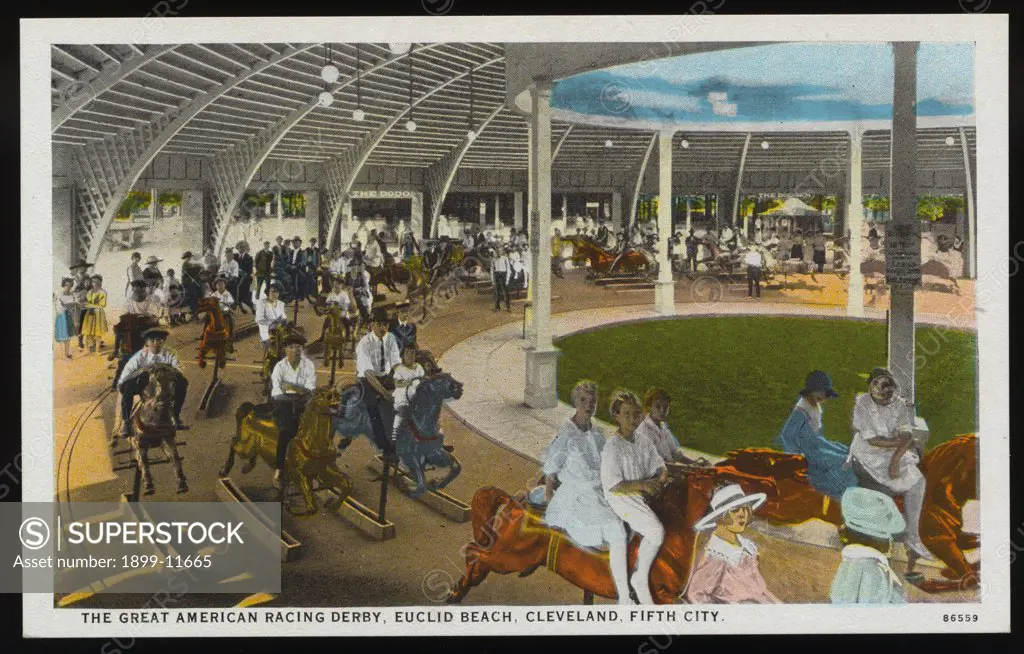 Postcard of the Great American Racing Derby. ca. 1921, The Great American Racing Derby, Euclid Beach, Cleveland, Fifth City. Euclid Beach Park, located on the shore of Lake Erie, eight miles from the public square, is the largest and most popular of the city's amusement parks. It is open free to the public from April until October and contains hundreds of amusement devices also a large athletic field, and a splendid bathing beach. Thousands of schools, lodges, and associations hold annual picnic