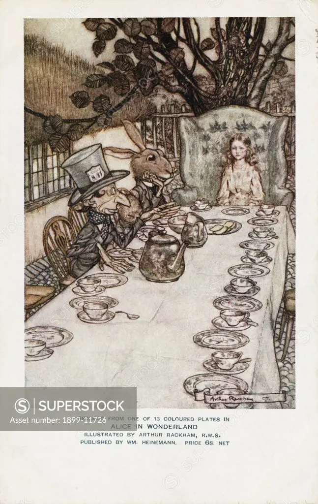 A Mad Tea-Party by Arthur Rackham. 1907, A Mad Tea-Party, one of Arthur Rackham's color plates from Alice's Adventures in Wonderland, is reproduced on a postcard. 