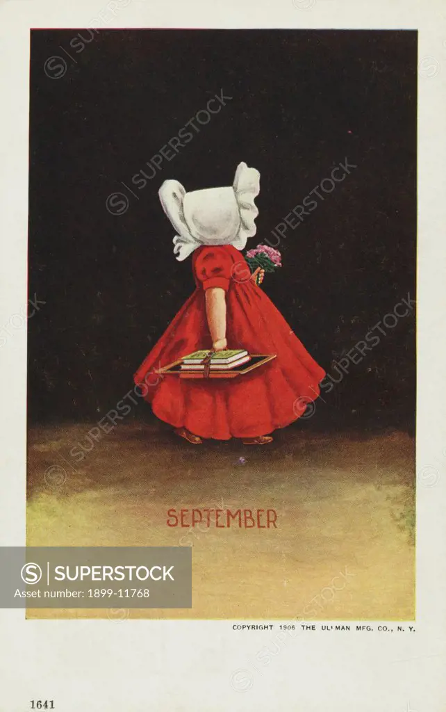 September Calendar Postcard with Schoolgirl. 1906, September Calendar Postcard with Schoolgirl 