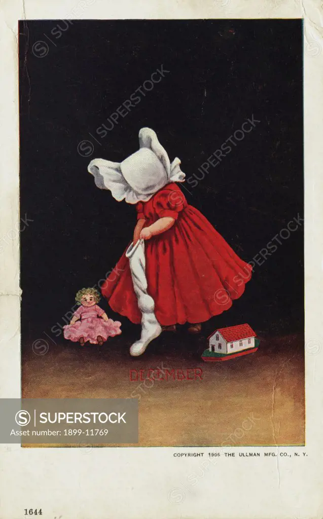 December Calendar Postcard with Little Girl. 1906, December Calendar Postcard with Little Girl 