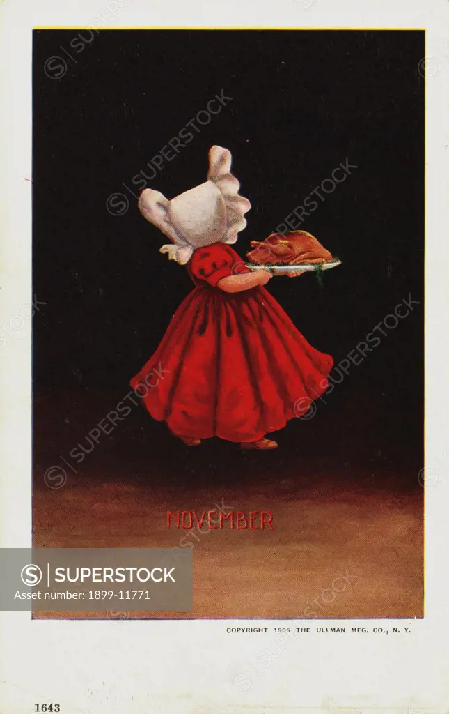 November Calendar Postcard with Little Girl Carrying a Turkey. 1906, November Calendar Postcard with Little Girl Carrying a Turkey 