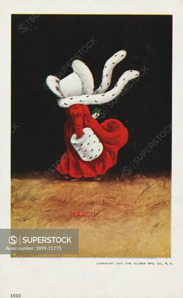 March Calendar Postcard with Little Girl Wearing Stole and Muff. 1906, March Calendar Postcard with Little Girl Wearing Stole and Muff 