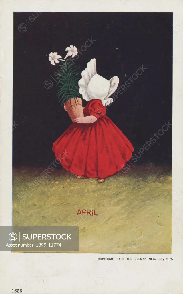 April Calendar Postcard with Little Girl Holding Easter Lily. 1906, April Calendar Postcard with Little Girl Holding Easter Lily 