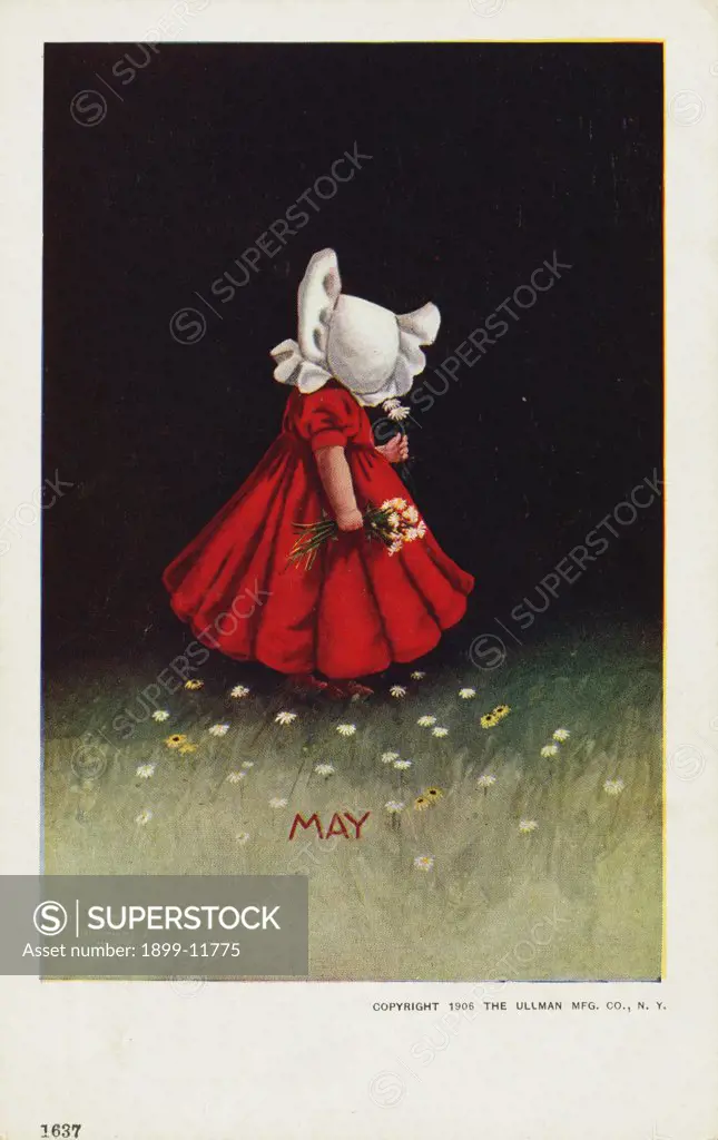May Calendar Postcard with Little Girl Holding Bouquet. 1906, May Calendar Postcard with Little Girl Holding Bouquet 