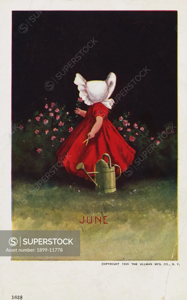 June Calendar Postcard with Little Girl in Flower Garden. 1906, June Calendar Postcard with Little Girl in Flower Garden 
