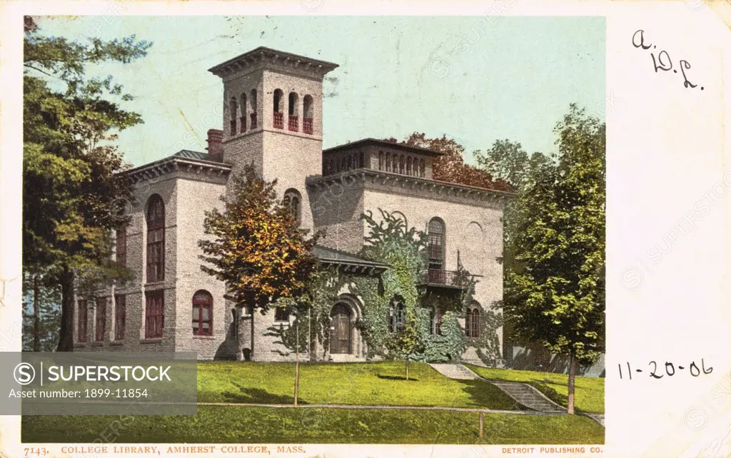College Library, Amherst College, Mass. Postcard. ca. 1906, College Library, Amherst College, Mass. Postcard 