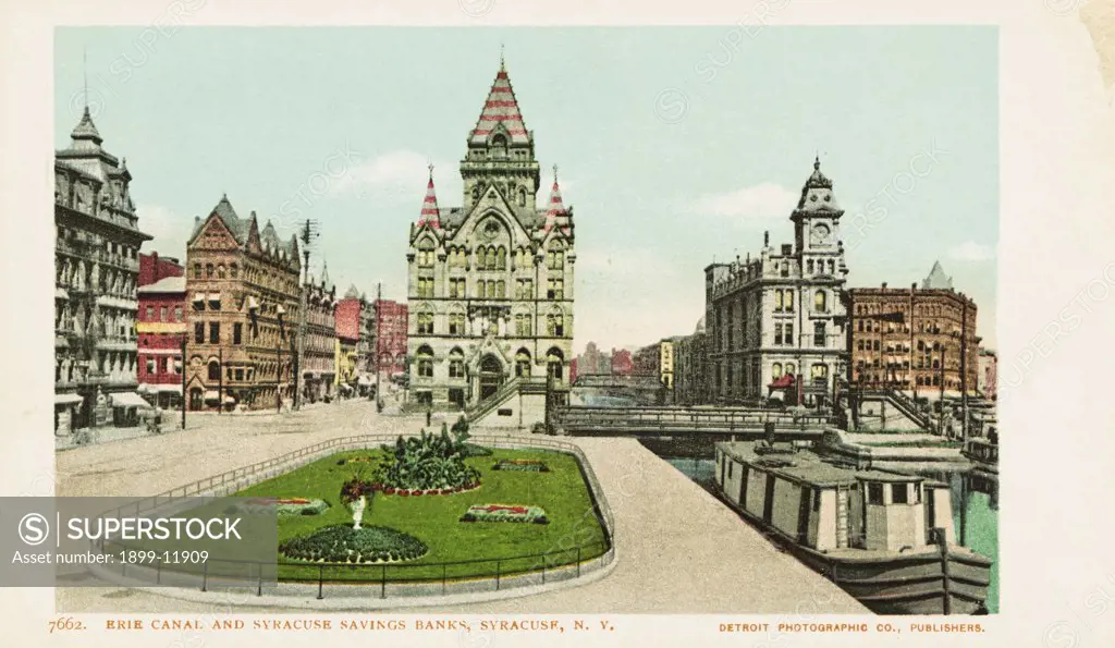 Erie Canal and Syracuse Savings Banks Postcard. ca. 1900, Erie Canal and Syracuse Savings Banks Postcard 