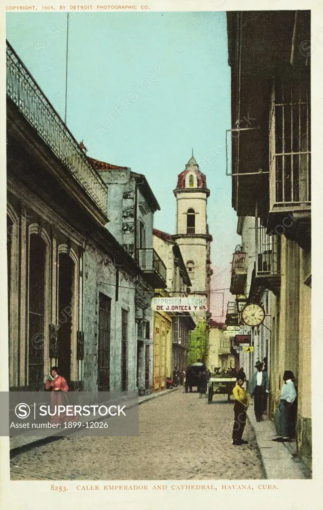 Calle Emperador and Cathedral, Havana, Cuba Postcard. 1904, Calle Emperador and Cathedral, Havana, Cuba Postcard 