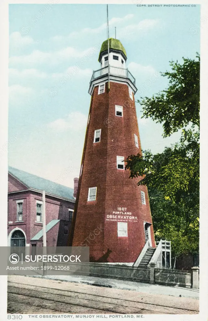 The Observatory, Munjoy Hill, Portland, ME. Postcard. ca. 1904-1905, Built in 1807 on Munjoy Hill on the eastern end of the Portland peninsula, the 86-foot tower, which stands 240 feet above sea level, was used to identify ships entering the harbor. 