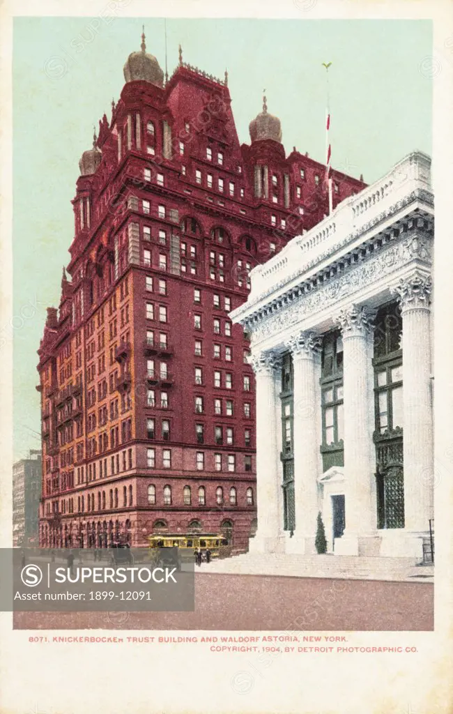 Knickerbocker Trust Building and Waldorf Astoria, New York Postcard. 1904, Knickerbocker Trust Building and Waldorf Astoria, New York Postcard 