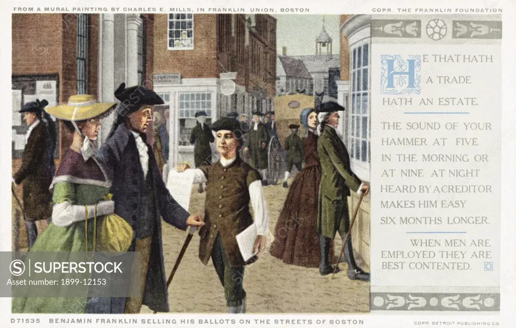 Benjamin Franklin Selling His Ballots on the Streets of Boston Postcard. ca. 1915-1925, This image is after a mural painting by Charles E. Mills at the Franklin Institute in Boston, Massachusetts. 