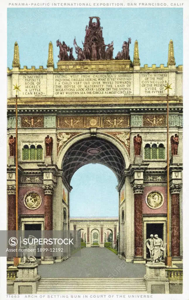 Arch of the Setting Sun in Court of the Universe Postcard. ca. 1915-1930, This image is from the Panama-Pacific International Exposition in San Francisco, California in 1915. 