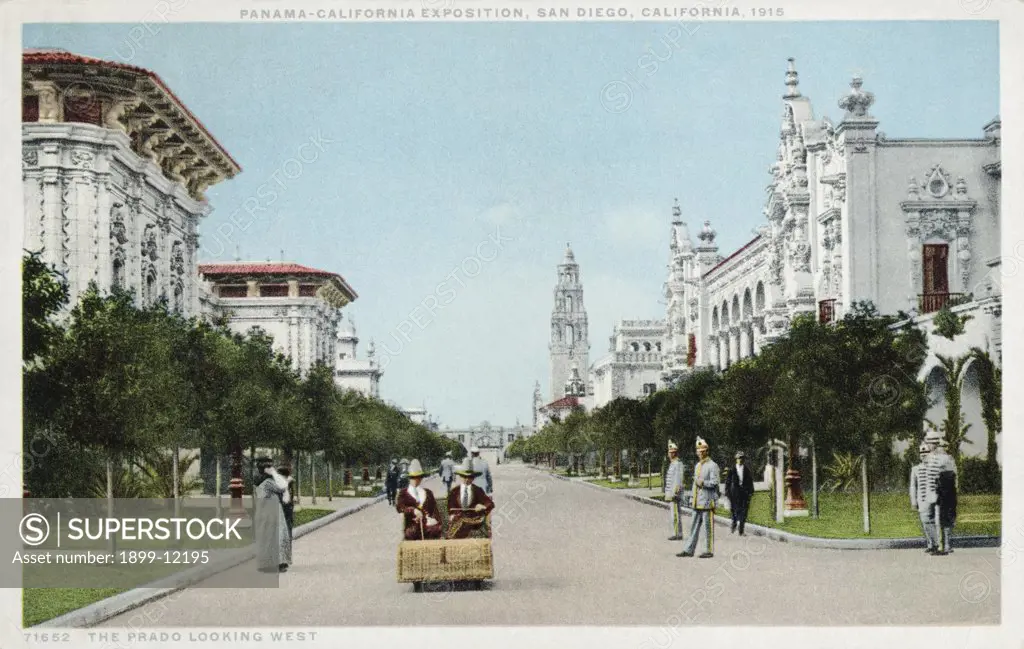 The Prado Looking West Postcard. ca. 1915-1930, This image is from the Panama-California Exposition in San Diego, California in 1915. 