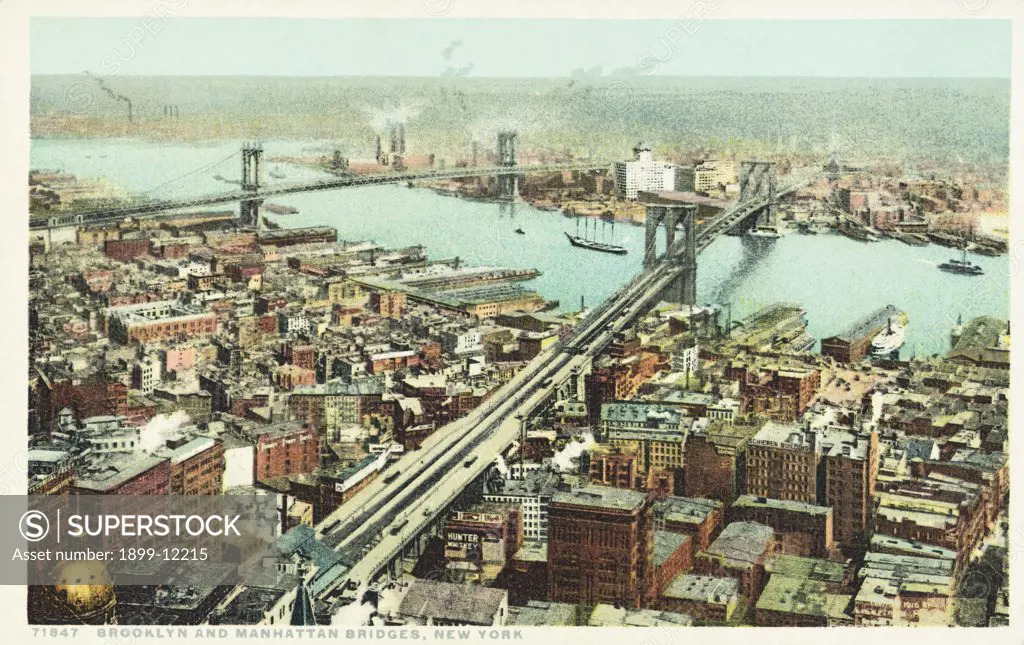 Brooklyn and Manhattan Bridges, New York Postcard. ca. 1915-1930, Brooklyn and Manhattan Bridges, New York Postcard 