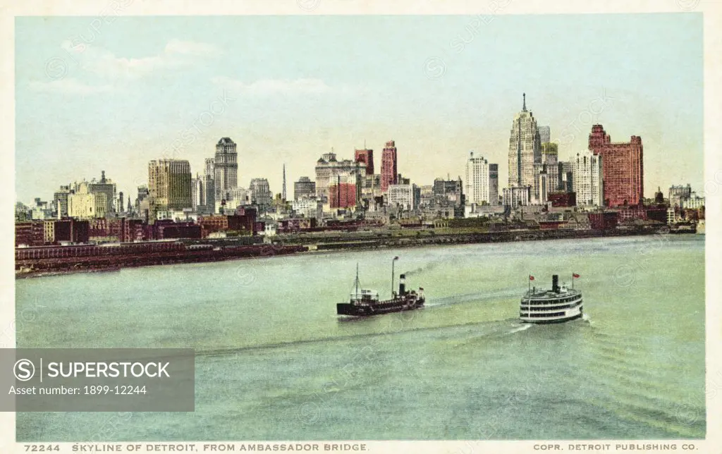 Skyline of Detroit, from Ambassador Bridge Postcard. ca. 1905-1939, Skyline of Detroit, from Ambassador Bridge Postcard 