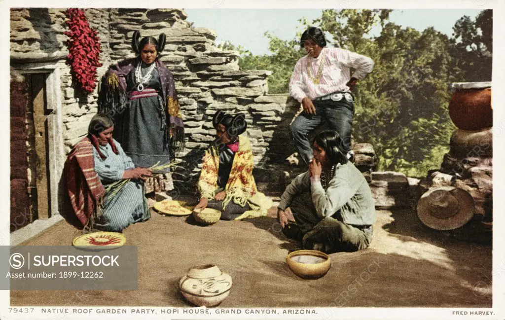 Native Roof Garden Party, Hopi House Postcard. ca. 1905-1939, Native Roof Garden Party, Hopi House Postcard 