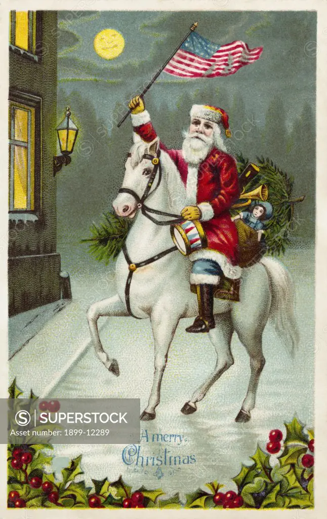 A Merry Christmas Postcard of Santa Riding a White Horse. A Merry Christmas Postcard of Santa Riding a White Horse 