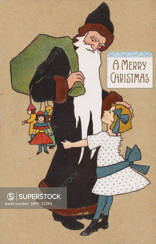 A Merry Christmas Postcard of a Girl Hugging Santa. ca. 1907, A Merry Christmas Postcard of a Girl Hugging Santa 