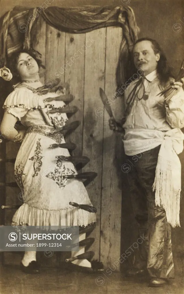 Antique Postcard of a Knife-Throwing Act. ca. 1910, Antique Postcard of a Knife-Throwing Act 