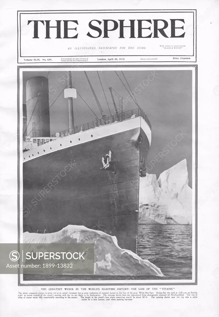 Titanic Hitting Iceberg. RMS Titanic Striking Iceberg. From the Sphere newspaper. Illustration shows White Star Liner RMS Titanic hitting the iceberg that caused it to sink off the coast of Newfoundland on 15th April 1912 on her maiden voyage from Southampton, England to New York, USA. The steamship was built by Harland & Wolff in Belfast, Ireland in 1910 - 1911. (Photo by Titanic Images/Universal Images Group) 