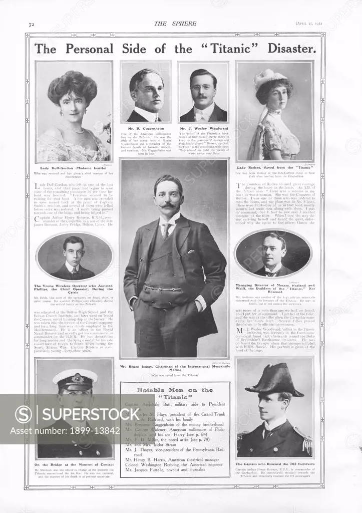 Passengers on Titanic. Passengers on RMS Titanic. Photographs and information about notable people connected with Titanic - mostly passengers, some of whom survived and some who perished. Lady Duff-Gordon (Madame Lucile) - survived; Mr Benjamin Guggenheim - American millonaire - died; Mr John Wesley Woodward - cellist of the Titanic band - died; Lady Rothes who was saved; Mr Harold Bride - Junior Wireless operator and assistant to Chief Operator Phillips during the crisis - survived; Mr Bruce Is