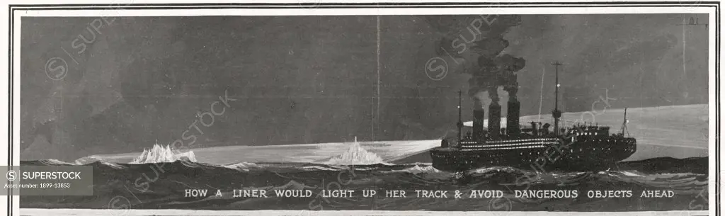 Need for Searchlights. Searchlights On Ocean Liners. Illustration to show how a liner would light up her track and avoid dangerous objects ahead. The collision and loss of the Titanic seems to have been due more than anything to the invisibility of an iceberg at night. Titanic was built by Harland & Wolff in Belfast Ireland during 1910 - 1911 and later sank on April 15th, 1912 after striking an iceberg off the coast of New Foundland during her maiden voyage from Southampton, England to New York,
