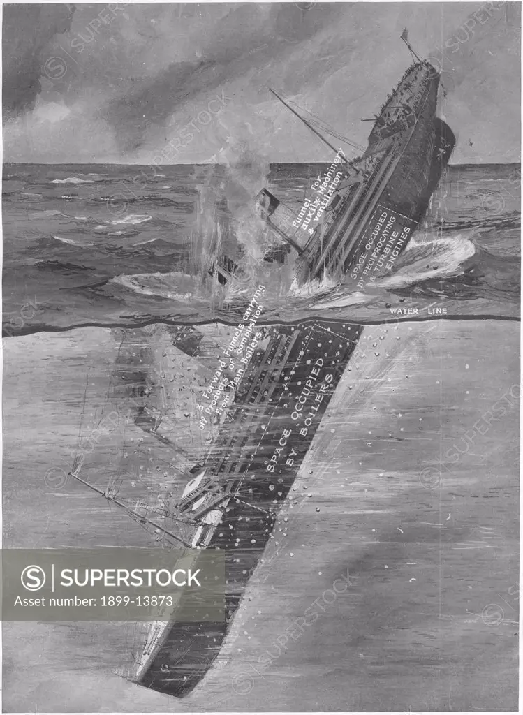 Illustration - Titanic Sinking. RMS Titanic Sinking. Illustration showing the Titanic sinking. Titanic was built by Harland & Wolff in Belfast Ireland during 1910 - 1911 and later sank on April 15th, 1912 after striking an iceberg off the coast of New Foundland during her maiden voyage from Southampton, England to New York, USA, with the loss of 1,522 passengers and crew. (Photo by Titanic Images/Universal Images Group)