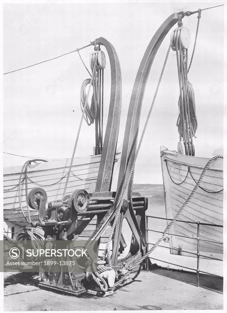 Titanic Lifeboats. RMS Titanic Lifeboats. Illustration showing a pair of the Welin Davits on board Titanic used to lower the lifeboats into the water. Titanic was built by Harland & Wolff in Belfast Ireland during 1910 - 1911 and later sank on April 15th, 1912 after striking an iceberg off the coast of New Foundland with the loss of 1,522 passengers and crew during her maiden voyage from Southampton, England to New York, USA, with the loss of 1,522 passengers and crew. (Photo by Titanic Images/U