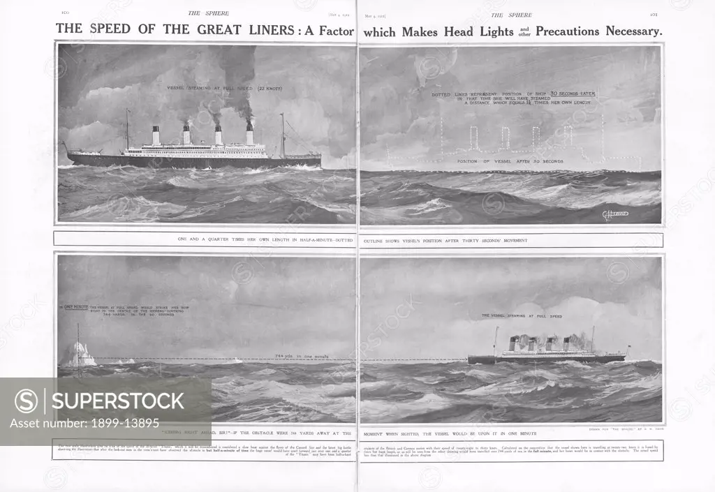 Article - Speed of Liners. Article about the ""Speed of the Great Liners: A factor which makes head lights and other precautions Necessary"". Illustrations show the positions of a vessel steaming at full speed (22 knots) in 30 seconds and one minute, demonstrating how quickly a collision with an iceberg could happen. The two scale illustrations give an idea of the speed of the Titanic, which was considered a slow boat against the flyers of the Cunard Line and the big battle cruisers with their s