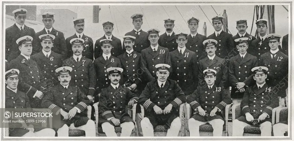 Titanic Engineers. Photograph of Titanic's engineers, including 14 of the lost officers. The photograph was taken when many of the Titanic's officers were attached to the Olympic. The names of those who were moved to the Titanic and perished with her are: (1) W.D. Mackie, junior fifth; (2) F.A. Parsons, senior fifth; (3) P. Sloan, senior electrician; (4) H. Jupe, assistant electrician; (5) F. Coy, junior assistant third; (6) B. Wilson, senior assistant second; (7) L. Hodgkinson, senior fourth; (