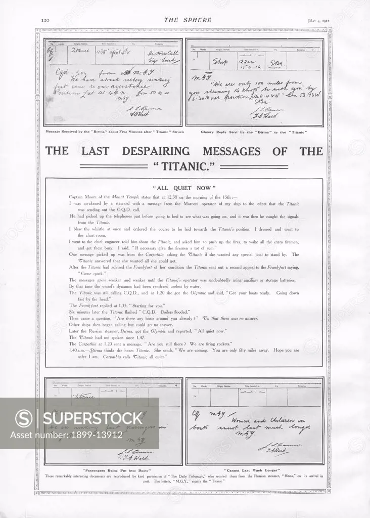 Last Messages of Titanic. Messages received and sent from the Russian steamer, Birma, in reponse to Titanic's SOS and CQD emergnecy morse code signals. Titanic was built by Harland & Wolff in Belfast Ireland during 1910 - 1911 on the 15th April, 1912, and sank after striking an iceberg off the coast of New Foundland during her maiden voyage from Southampton, England to New York, USA, with the loss of 1,522 passengers and crew. (Photo by Titanic Images/Universal Images Group)