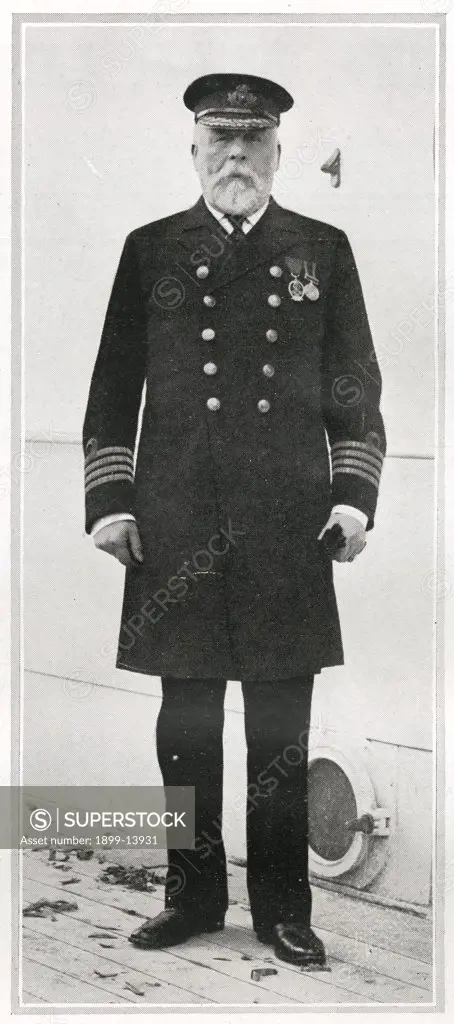 Captain Edward J Smith RNR. . Captain Edward J Smith RNR, Captain of the Titanic. Captain Smith commanded many famous White Star boats including the Britannic, Germanic, and Majestic. Later he commanded the Baltic and Adriatic and was then transferred to the Olympic before finally going to the Titanic. He went down with the ship. Titanic was built by Harland & Wolff in Belfast Ireland during 1910 - 1911, and sank on 15th April, 1912, after striking an iceberg off the coast of New Foundland durin