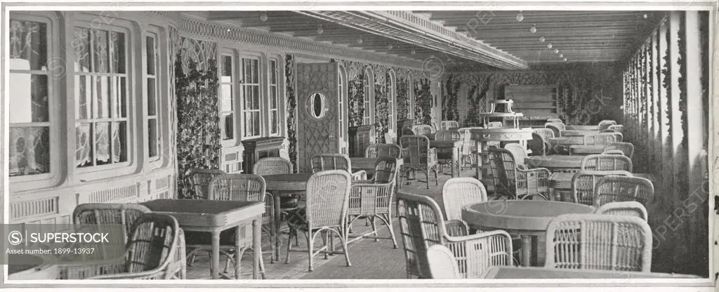 Parisian Café, Titanic. A photograph of the sumptuos Parisian café on Titanic, with its trelliswork and climbing plants. Titanic was built by Harland & Wolff in Belfast Ireland during 1910 - 1911, and sank on 15th April, 1912, after striking an iceberg off the coast of New Foundland during her maiden voyage from Southampton, England to New York, USA, with the loss of 1,522 passengers and crew. (Photo by Titanic Images/Universal Images Group)