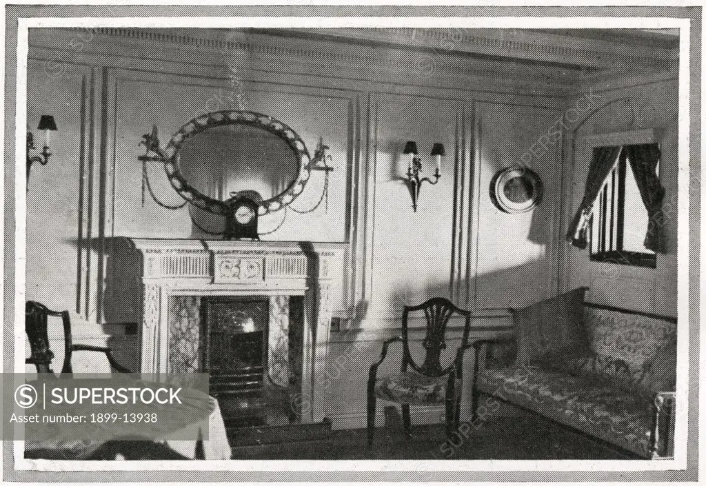 Private Suite, Titanic. A photograph of a private suite on Titanic, showing a marble fireplace and costly electrical fittings. Titanic was built by Harland & Wolff in Belfast Ireland during 1910 - 1911, and sank on 15th April, 1912, after striking an iceberg off the coast of New Foundland during her maiden voyage from Southampton, England to New York, USA, with the loss of 1,522 passengers and crew. (Photo by Titanic Images/Universal Images Group)