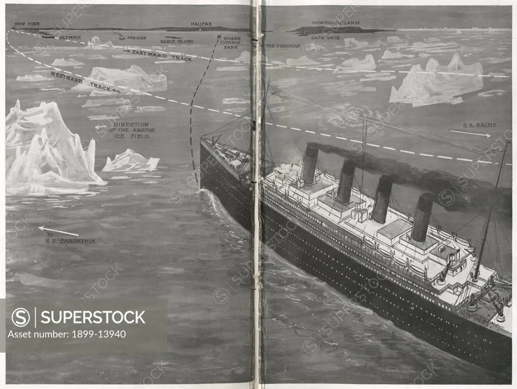 Titanic in the ice floe. An illustration showing how Titanic encountered the iceberg stream from Greenland. The diagram, which was drawn from telegraphic descriptions, shows the position of the Titanic and the surrounding vessels. Titanic was built by Harland & Wolff in Belfast Ireland during 1910 - 1911, and sank on 15th April, 1912, after striking an iceberg off the coast of New Foundland during her maiden voyage from Southampton, England to New York, USA, with the loss of 1,522 passengers and