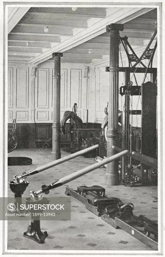 Gymanasium, Titanic. A photograph of the Gymnasium on the Titanic. Passengers could ride on a mechanically-worked saddle or exercise 'as if in a racing skiff'. Titanic was built by Harland & Wolff in Belfast Ireland during 1910 - 1911, and sank on 15th April, 1912, after striking an iceberg off the coast of New Foundland during her maiden voyage from Southampton, England to New York, USA, with the loss of 1,522 passengers and crew. (Photo by Titanic Images/Universal Images Group)