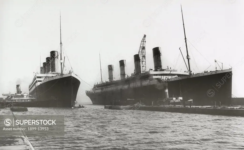 RMS Titanic and RMS Olympic. RMS Titanic and RMS Olympic, 03/02/1912. Two White Star Liners, both built by Harland & Wolff, in Belfast seen together for the last time. RMS Titanic left Southampton and Cherbourg on her maiden voyage to New York on April 10th, 1912. The steamship sank on April 15th 1912 off the coast of New Foundland after striking an iceberg during first trip with the loss of 1,635 passengers and crew. (Photo by Titanic Images/Universal Images Group)