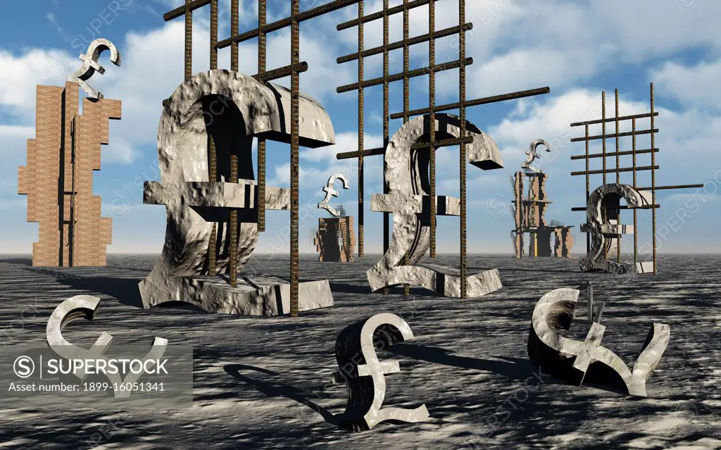 Computer Illustration, Crumbling British Pound symbols with steel infrastructure. 
