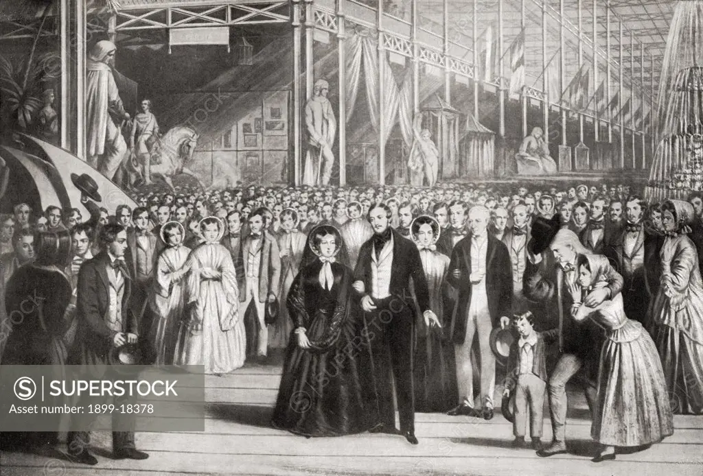 Queen Victoria, 1819-1901 and The Prince Consort,1819-1861 opening The Great Exhibition, May 1, 1851. From the engraving after S.W. Reynolds. From the book ""V.R.I. Her Life and Empire"" by The Marquis of Lorne, K.T. now his grace The Duke of Argyll.